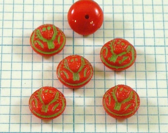 6 9mm Vintage Glass Cabochons - Red Pharaoh Face