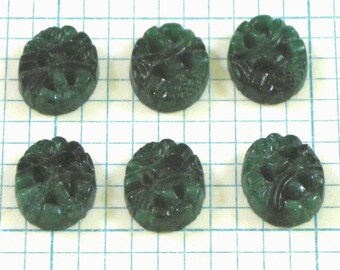 6 10x8mm Carved Jade Cabochons - Dark Green