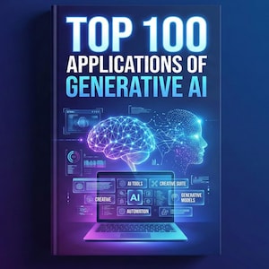 May include: An ebook cover with the title "TOP 100 APPLICATIONS OF GENERATIVE AI" in white and blue. The cover features a glowing brain graphic, a human profile, and a laptop displaying AI-related icons. A "PREMIUM EBOOK" banner is in the corner.