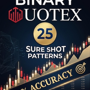 May include: A dark blue digital graphic featuring the text BINARY UOTEX, a gold circle with the number 25, and the phrase SURE SHOT PATTERNS. Below, a candlestick chart displays red and white bars, with a banner stating 100% ACCURACY.