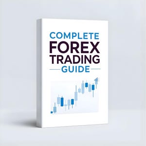 以下が含まれることがあります： 青と黒の文字で「COMPLETE FOREX TRADING GUIDE」と書かれた白い本。表紙には、金融分析を示唆する青と白の棒グラフが描かれています。本はわずかに傾いており、表紙のデザインが際立っています。