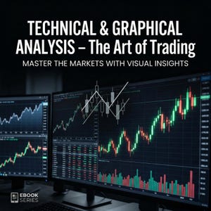 Könnte beinhalten: Computerbildschirme mit Börsendiagrammen mit grünen und roten Linien. Der Text "TECHNICAL & GRAPHICAL ANALYSIS - The Art of Trading" steht oben, darunter "MASTER THE MARKETS WITH VISUAL INSIGHTS". Das Bild ist Teil einer "EBOOK SERIES".