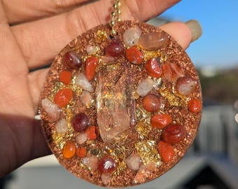 Handmade Orgonite Ornate Crystal Keychain: Natural Portable Healing Energy Filter | Clear Quartz, Carnelian, Sunstone, Red Jasper, Copper