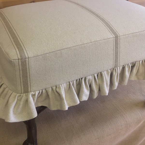 Grain Sack Ottoman Slipcover Farmhouse Short gathered or Short tailored Ottoman Slipcover Bench Slipcover linen short gathered slipcover