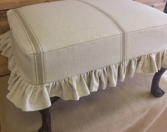 Grain Sack Ottoman Slipcover Farmhouse Short gathered or Short tailored Ottoman Slipcover Bench Slipcover linen short gathered slipcover