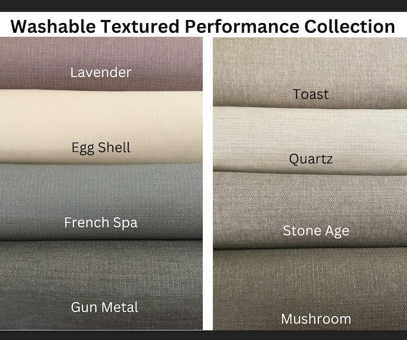 May include: Washable Textured Performance Collection fabric swatches in the colors Lavender, Egg Shell, French Spa, Gun Metal, Toast, Quartz, Stone Age, and Mushroom.