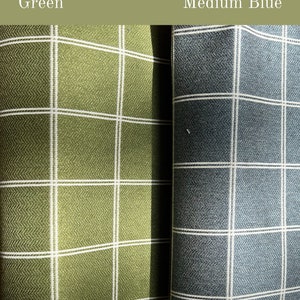 May include: Two fabric swatches, one green and one blue, with a white windowpane pattern. The fabric is described as "Washable windowpane Performance Fabric".