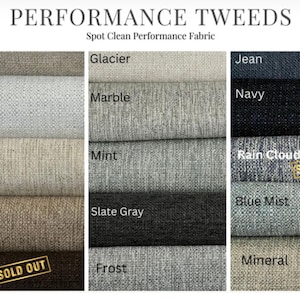 May include: Image showcasing various Performance Tweeds fabric swatches in a range of colors. The swatches include shades like Oats, Blanco, Straw, Flax, Brown, Glacier, Marble, Mint, Slate Gray, Frost, Jean, Navy, Rain Cloud, Blue Mist, and Mineral. Some are marked as "Sold Out".