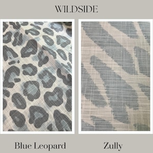 May include: Two fabric swatches are shown. The left one has a blue leopard print, and the right one has a Zully pattern in blue and white. The word "WILDSIDE" is at the top, and the pattern names are at the bottom.