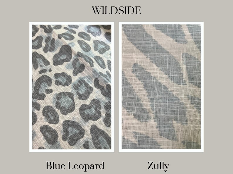 May include: Two fabric swatches are shown. The left one has a blue leopard print, and the right one has a Zully pattern in blue and white. The word "WILDSIDE" is at the top, and the pattern names are at the bottom.
