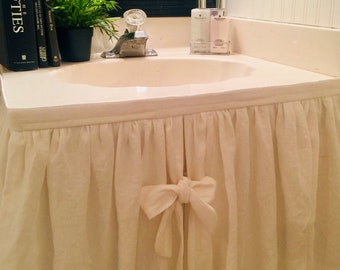 Blossom Linen Sink skirt with bows desk skirt/ Laundry room skirt/kitchen sink /dorm sinks