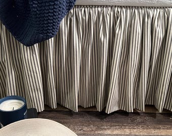 Cottage Farmhouse Gathered Cotton Ticking Lined Dust Ruffle