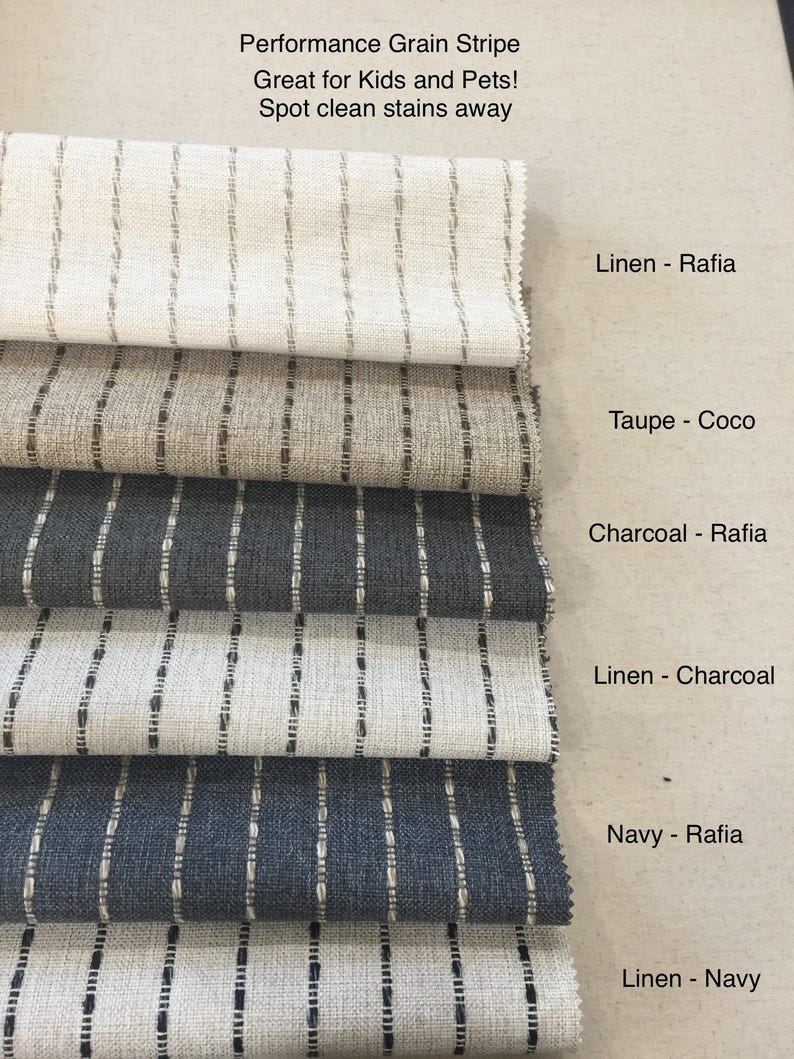 May include: Fabric samples in various colors, including linen, taupe, charcoal, and navy, with vertical stripe patterns. The text "Performance Grain Stripe" and other details are visible.