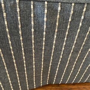 May include: Close-up of a textured fabric with a dark blue background and vertical white stripes. The stripes are evenly spaced and have a dotted pattern within them, creating a subtle, elegant design.