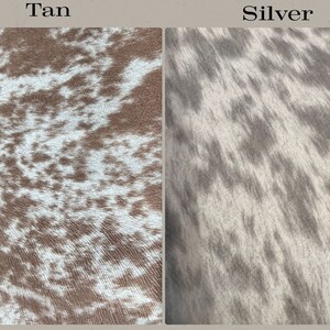 May include: Two close-up images of cowhide fabric. The first image shows a tan cowhide with white spots. The second image shows a silver cowhide with white spots.