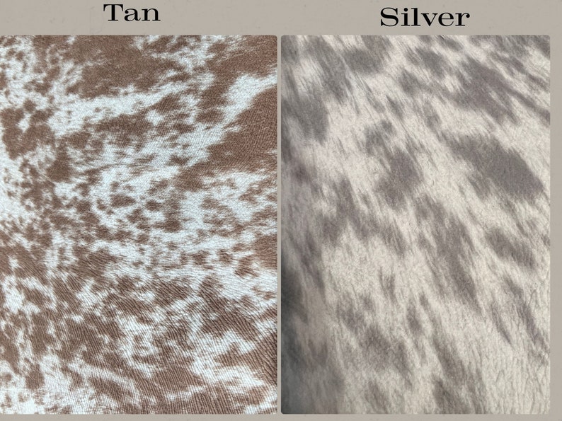 May include: Two close-up images of cowhide fabric. The first image shows a tan cowhide with white spots. The second image shows a silver cowhide with white spots.