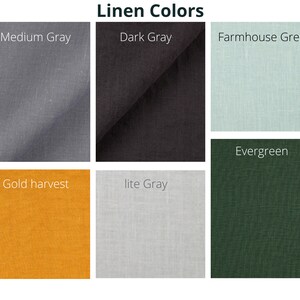 Puede incluir: Muestra de colores de tela de lino que muestra diferentes colores, incluyendo gris medio, gris oscuro, gris claro, cosecha dorada, verde de granja y verde.