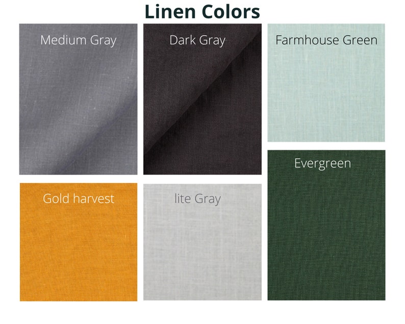 Puede incluir: Muestra de colores de tela de lino que muestra diferentes colores, incluyendo gris medio, gris oscuro, gris claro, cosecha dorada, verde de granja y verde.
