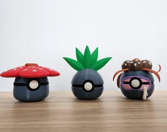 3D-geprinte grastype Pokémon Pokéballs – Gen 1 Pokémon – Oddish (Myrapla), Gloom (Duflor), Vileplume (Giflor)