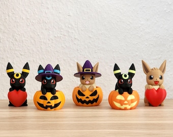 Eevee (Evoli) & Umbreon (Nachtara) – Seizoensedities (Halloween en Valentijnsdag) – 3D-geprint Pokémon-display