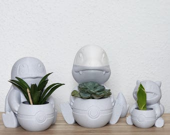 3D-geprinte Pokémon-plantenbakken - ongeverfd of met marmeren afwerking - Bulbasaur-Bisasam, Charmander-Glumanda en Squirtle-Schiggy mini-plantenpotten
