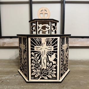Faith Lantern with Cross and Dove: Wooden Christian Memorial Decor