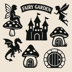 Fairy Garden SVG – Porta delle fate tagliata al laser, castello, funghi, draghi e altro – Download digitale compatibile con il laser