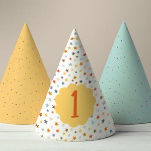 1. Geburtstag bunte Partyhüte, wunderliche lustige bunte Geburtstaghüte, Geburtstag Partyhut Vorlage, digitaler Download, 6er-Set