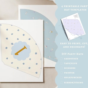 May include: Four printable party hat templates with a blue and white polka dot pattern, a blue and white floral pattern, and a light blue pattern with a single gold shovel graphic. The text "EASY TO PRINT, CUT, AND DECORATE!" is written in black text. The text "DIY Party Hats" is written in black text. The text "CARDSTOCK, TAPE/GLUE, SCISSORS, PRINTER, HOLEPUNCHER, RIBBON/STRING" is written in black text.