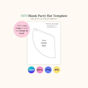 Könnte beinhalten: Eine weiße Vorlage für einen leeren Partyhut mit dem Text "MINI Blank Party Hat Template" und "Edit, print, cut, and put together!". Die Vorlage enthält einen Bereich für ein individuelles Design und den Text "Your Design Here".