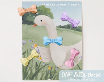 PRINTABLE One Silly Goose Birthday Party Game, Pin The Bow On The Goose, Babies First Birthday, Whimsical 1st Birthday, Digital Download