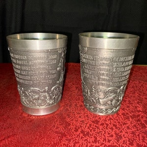 German Pewter Cups With Part Of Student Drinking Song &quot;der Lindenwirt&quot; On Them