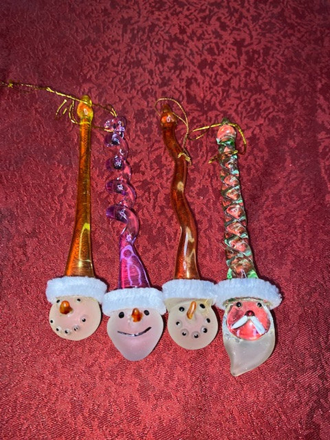 Four Hand Blown Glass Icicle Ornaments With Snowman and Santa Heads Etsy
