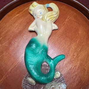 Freeman~McFarlin Style Mermaid Wall Plaque Retro Hand Painted Chalkware Wall Hanging Vintage 1950s
