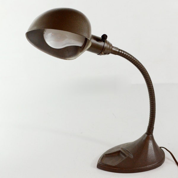 Vintage Gooseneck Lamp, Metal Table Lamp, Brown Art Deco Desk Lamp, Industrial Decor, Cast Iron Base