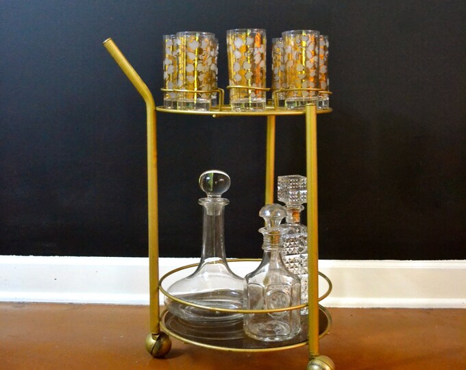 Vintage Gold Bar Cart, Round Bar Cart With Gold Glasses and Smoked