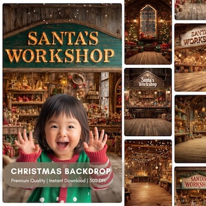 Puede incluir: Un telón de fondo navideño con un niño con un suéter verde con ribetes rojos, frente a una escena del taller de Santa. El telón de fondo incluye estantes llenos de juguetes y regalos, y el texto "CHRISTMAS BACKDROP".