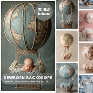 Hot Air Balloon Newborn Photography Backdrop – Travel Theme Scene