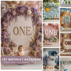May include: A backdrop for a first birthday celebration, featuring a floral arch in shades of purple and cream. The word "ONE" is prominently displayed in gold. A young child is in front of the backdrop. Text at the bottom reads "1'ST BIRTHDAY BACKDROP".