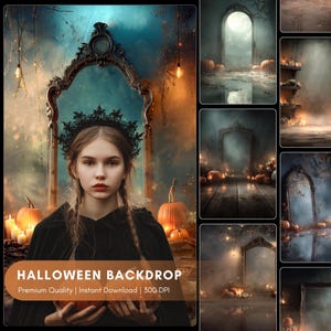 Puede incluir: Imagen compuesta con temática de Halloween, con una persona joven vestida de negro y con corona, y un gran espejo ornamentado. El fondo incluye calabazas y velas. El texto en la parte inferior dice "HALLOWEEN BACKDROP".