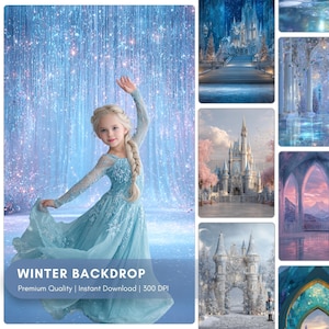 Puede incluir: Una niña con un vestido azul claro con diseño de copo de nieve, posando frente a un fondo azul brillante. La imagen está etiquetada como "Winter Backdrop" con texto que indica calidad premium y descarga instantánea.