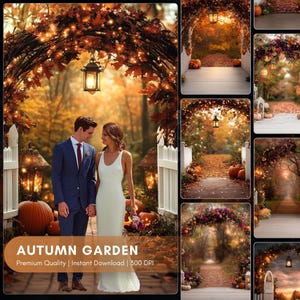 Peut inclure: Une scène de jardin d'automne avec un couple sous une arche de feuilles d'automne et de guirlandes lumineuses. Des citrouilles, des lanternes et une clôture blanche sont visibles. Le texte "AUTUMN GARDEN" est affiché en bas de l'image.