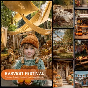 May include: A young person wearing a knitted orange hat and green overalls holds two oranges in front of a harvest festival scene. The scene includes wooden crates, hay bales, and draped fabric. The text "HARVEST FESTIVAL" is displayed on an orange banner.