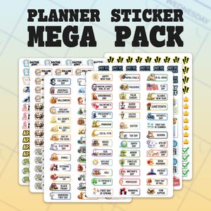 Puede incluir: Un paquete de pegatinas para agenda que incluye varias hojas de etiquetas adhesivas. El texto PLANNER STICKER MEGA PACK aparece en la parte superior. Las pegatinas incluyen nombres de festividades, iconos de eventos y recordatorios con ilustraciones coloridas.