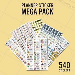 Puede incluir: Un conjunto de hojas de pegatinas para planificador con varios diseños y texto, incluyendo "Planner Sticker Mega Pack" y "540 Stickers". Las pegatinas presentan iconos y texto para citas, festivos y recordatorios, todo sobre un fondo amarillo.