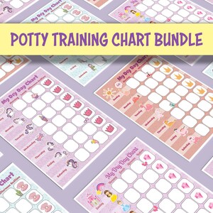 May include: A collection of potty training charts in shades of purple and pink. Each chart has a grid layout for tracking progress, decorated with illustrations of crowns, unicorns, and other playful designs. The text "POTTY TRAINING CHART BUNDLE" is in a yellow banner.