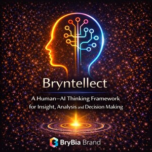 May include: Digital art featuring a glowing human head silhouette with circuit board elements. The word "Bryntellect" is displayed below, along with the text "A Human-AI Thinking Framework for Insight, Analysis and Decision Making."