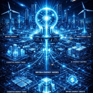 Op de afbeelding: Een digitale illustratie van een futuristische stad met een gloeiende blauwe energie-infrastructuur. De afbeelding toont windturbines, wolkenkrabbers en onderling verbonden knooppunten met de labels "BryBia Energy", "Endia Energy Cores" en "AI Energy Matrix".