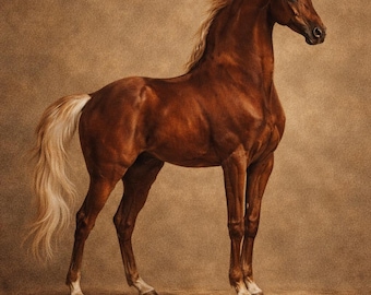 May include: A majestic brown horse with a flowing white tail and mane stands gracefully. The horse has a slender build and is set against a warm, neutral background. The horse's coat is a rich, reddish-brown color.