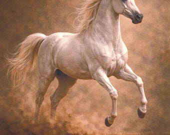 May include: A majestic white horse, captured mid-gallop in a sepia-toned image. Dust swirls around its hooves as it moves. The horse's flowing mane and tail add to the sense of motion and freedom.